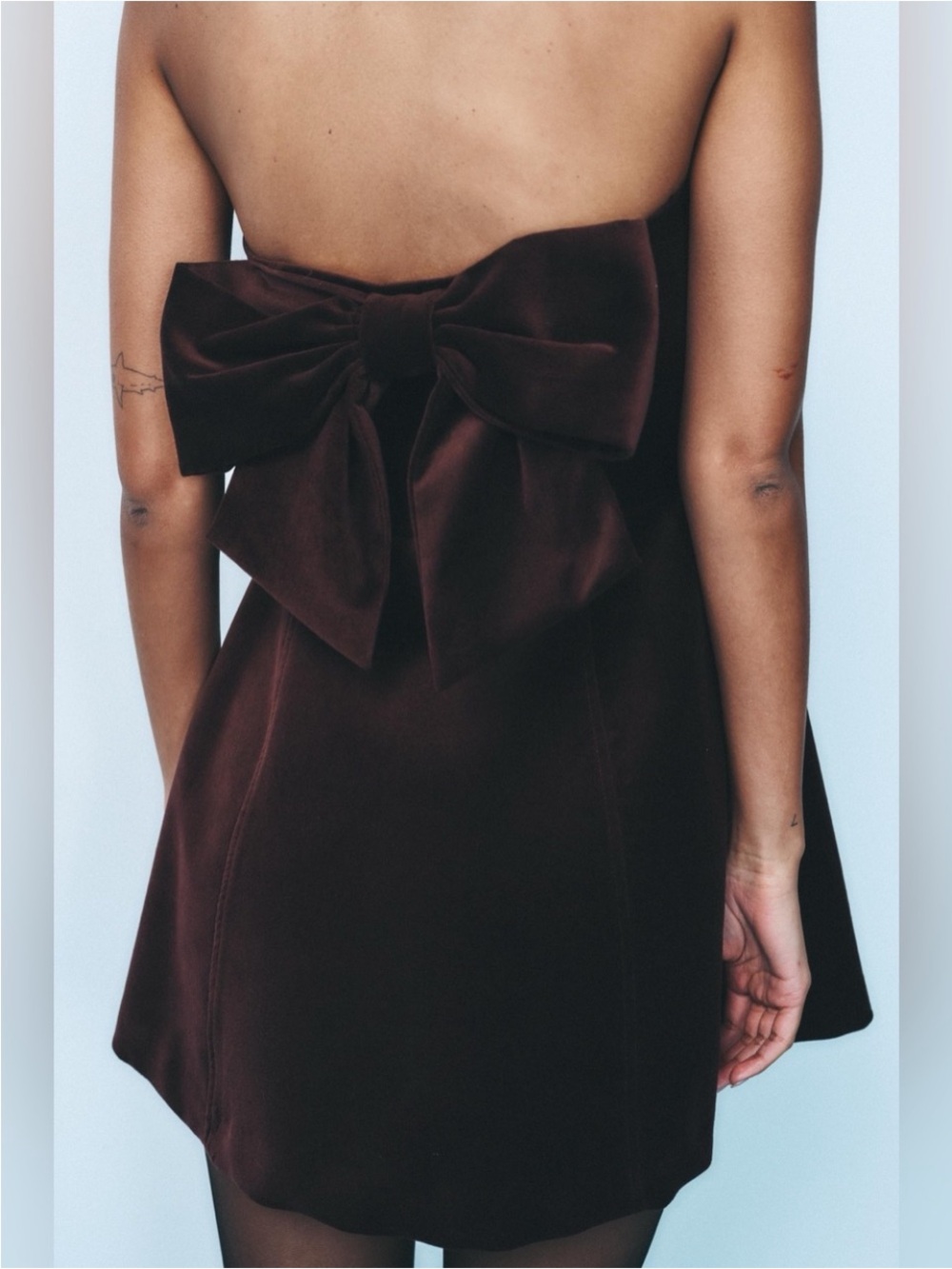 Zara Strapless Velvet Mini Dress in Chocolate Brown with Bow